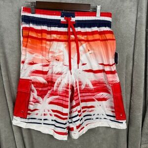 Uzzi Amphibious Gear Men's Swim Trunks Red White Blue Palm Tree Medium